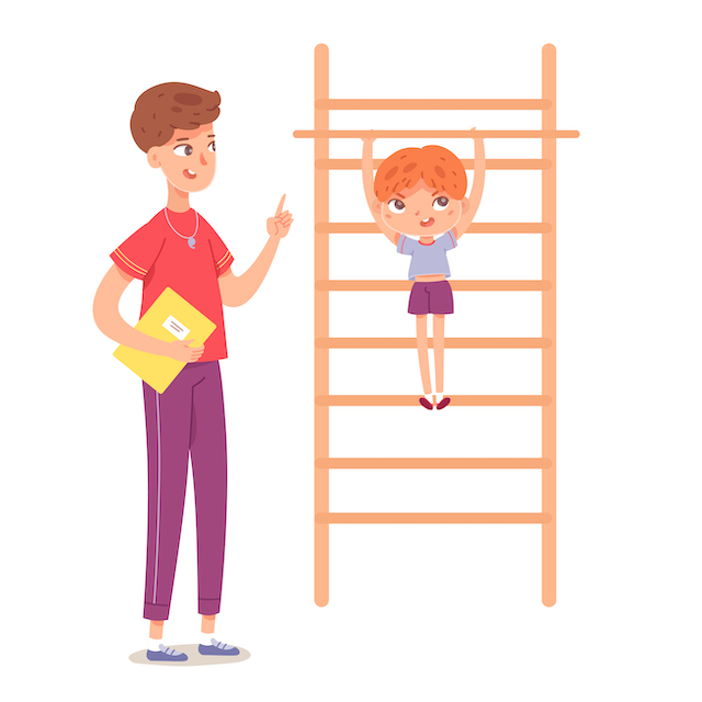 kid-doing-pull-ups-in-physical-education-class-at-school-child-with-teacher-doing-exercise-on-ladder-in-pe-boy-hanging-on-bar-coach-instructing-on-white-background