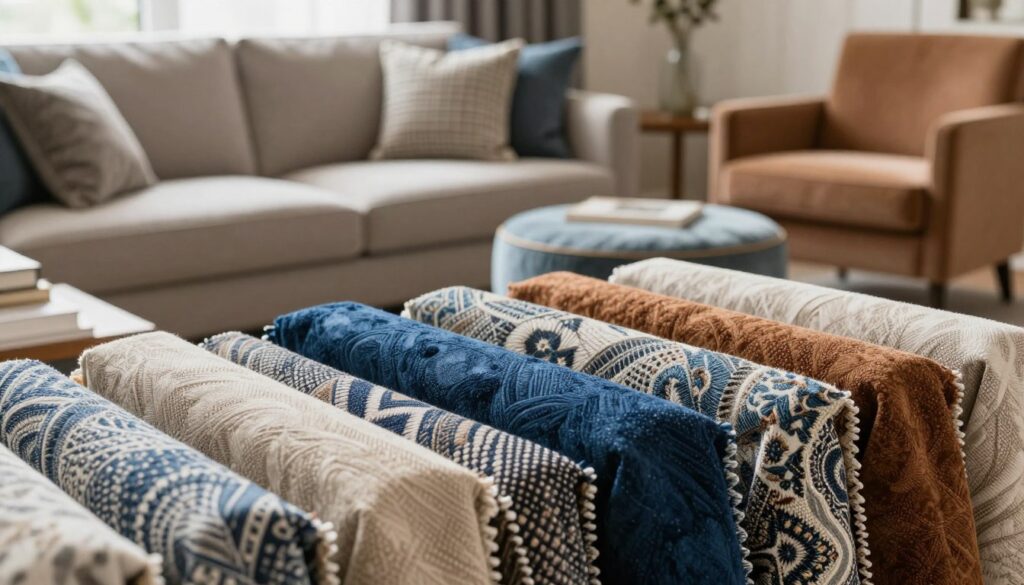 A beautifully arranged display of upholstery fabrics suitable for various types of furniture, such as sofas, armchairs, and ottomans. In the foreground, a selection of richly textured fabrics showcasing patterns and colors, including vibrant blues, earthy tones, and elegant neutrals. In the middle, a cozy living space with a plush sofa and accent chairs, highlighting how different textiles can complement each piece. The background features soft, natural lighting that creates an inviting ambiance, with subtle shadows enhancing the fabric's details. A shallow depth of field focuses on the textures of the upholstery, evoking a warm and stylish atmosphere that reflects comfort and sophistication in furniture design.