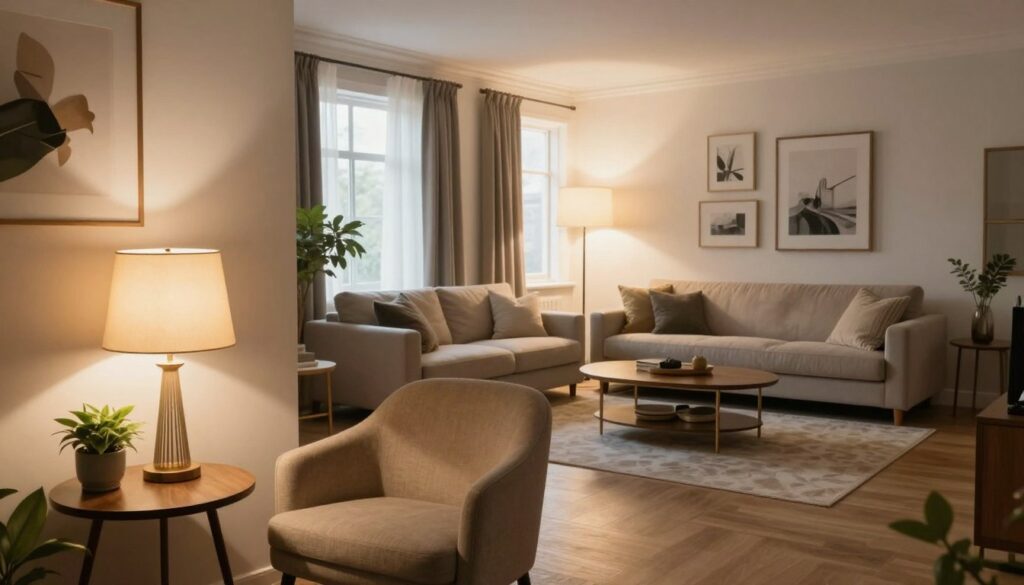 A beautifully styled living room showcasing two distinct areas: one small and cozy, the other spacious and elegant. In the foreground, the small salon features a warm-toned table lamp with a soft glow, illuminating a comfortable armchair, a small coffee table, and a potted plant. The middle ground reveals a larger salon with a modern floor lamp casting bright light around a sectional sofa, a decorative coffee table, and elegant artwork on the walls. The background displays large windows allowing natural light to filter in, enriching the atmosphere. The scene is filled with a serene and inviting ambiance, showcasing how both spaces utilize lighting effectively to create comfort and style. The composition captures a harmonious blend of soft and bright lighting, emphasizing the difference between small and large living room designs.