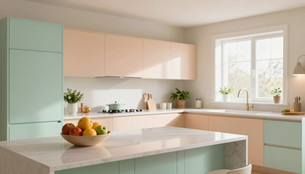 A bright and airy modern kitchen featuring a palette of soft pastel colors such as pale mint green, light peach, and creamy beige. In the foreground, showcase a stylish kitchen island adorned with fresh fruits in a contemporary bowl, with light reflecting off its polished surface. The middle area presents sleek cabinetry with elegant, minimalist designs, blending seamlessly into the walls painted in neutral tones. The background reveals large windows allowing natural light to flood the space, illuminating the room and enhancing the warm, inviting atmosphere. Include subtle details like potted herbs on the counter and elegant pendant lights casting a soft glow, creating a cozy yet sophisticated vibe ideal for culinary creativity.