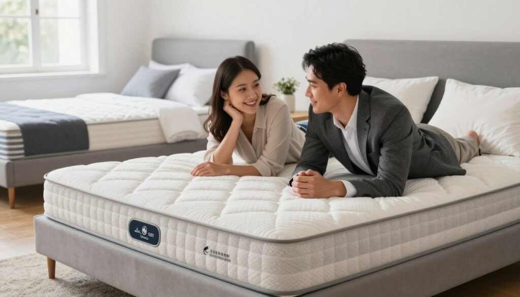 A bright, inviting bedroom scene showcasing a couple in professional business attire comfortably testing a mattress in a well-lit environment. In the foreground, the couple lies on a luxurious mattress, thoughtfully examining its firmness with smiles on their faces. The middle ground features neatly arranged bedroom decor, including a stylish bed frame and plush pillows, while a soft rug adds warmth to the scene. In the background, natural light streams in through a large window, illuminating the space and creating a calming atmosphere. The angle captures both the couple’s expressions and the mattress details, highlighting the importance of selecting the right firmness for body weight. The overall mood is relaxed and informative, inviting readers to consider comfort and personal choice in mattress selection. A bright, inviting bedroom scene showcasing a couple in professional business attire comfortably testing a mattress in a well-lit environment. In the foreground, the couple lies on a luxurious mattress, thoughtfully examining its firmness with smiles on their faces. The middle ground features neatly arranged bedroom decor, including a stylish bed frame and plush pillows, while a soft rug adds warmth to the scene. In the background, natural light streams in through a large window, illuminating the space and creating a calming atmosphere. The angle captures both the couple’s expressions and the mattress details, highlighting the importance of selecting the right firmness for body weight. The overall mood is relaxed and informative, inviting readers to consider comfort and personal choice in mattress selection.