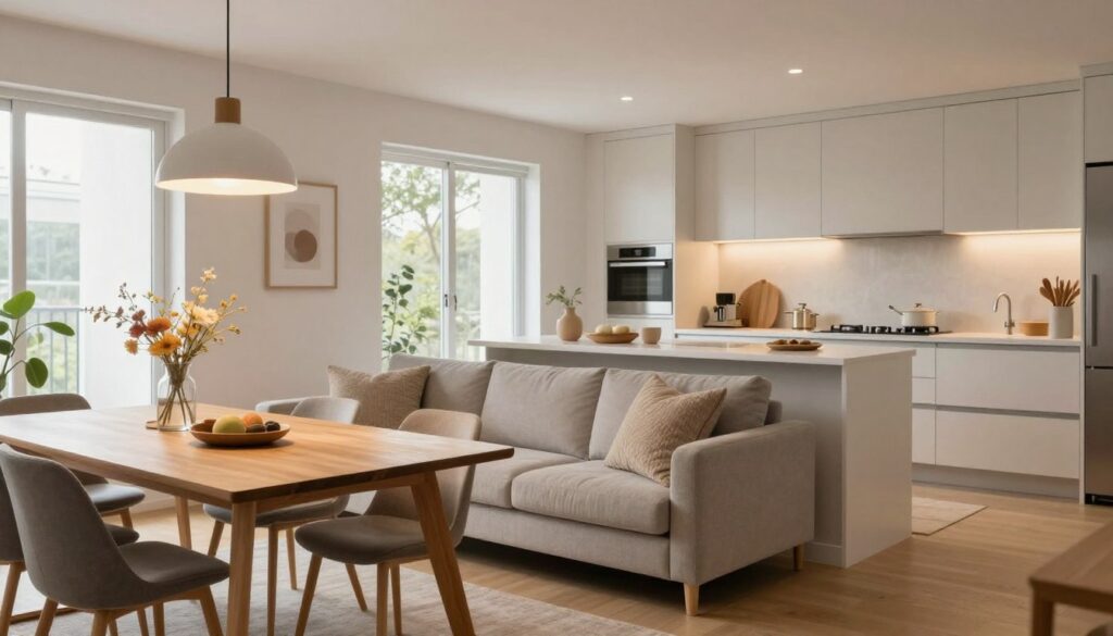 A bright, modern living room seamlessly integrated with a kitchen area, showcasing a cohesive color scheme of soft whites, warm grays, and natural wood tones. In the foreground, a stylish wooden dining table with elegant chairs set under a contemporary pendant light, casting a warm glow. In the middle, a cozy sofa adorned with textured throw pillows, facing a sleek kitchen island that features minimalist cabinetry and stainless steel appliances. The background reveals large windows allowing natural light to pour in, enhancing the inviting atmosphere. The scene is illuminated with warm, ambient lighting alongside targeted task lights, creating a harmonious space perfect for relaxation and culinary activities. The image conveys a serene, welcoming ambiance, ideal for contemporary living spaces.