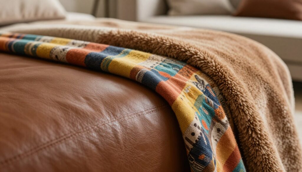 A close-up view of three different upholstery fabrics arranged artistically on a textured surface. The foreground features a sleek, glossy eco-leather (ekoskóra) with a modern, smooth finish, showcasing its durable texture and rich color. Next to it, vibrant skay (a synthetic leather) in a playful hue, exhibiting its unique pattern and softness. For contrast, plush fabric in a warm tone, displaying its soft, inviting texture, completes the trio. The background is softly blurred, suggesting a cozy, well-lit room, emphasizing the fabrics' potential as stylish sofa upholstery. Soft, diffused lighting highlights the textures and colors, creating a sophisticated yet inviting atmosphere. The focus is sharp, with a shallow depth of field to accentuate the richness of the materials.