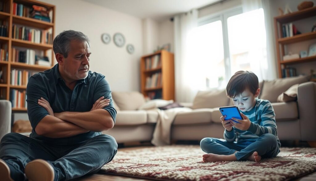 A concerned parent observing their child, who is deeply engrossed in a smartphone, in a cozy living room setting. In the foreground, the worried parent is seated with arms crossed, their expression showing anxiety while glancing at the child. The middle ground features the child, around 10 years old, sitting on a rug with the smartphone illuminated by its blue light, creating a glow on their face. The background shows a warm and inviting home environment with a couch, shelves filled with books, and family photos, enhancing the domestic atmosphere. Soft, natural lighting streams in from a window, casting gentle shadows and highlighting the tension in the scene. The mood reflects concern and awareness of excessive screen time, encapsulating the theme of the image.