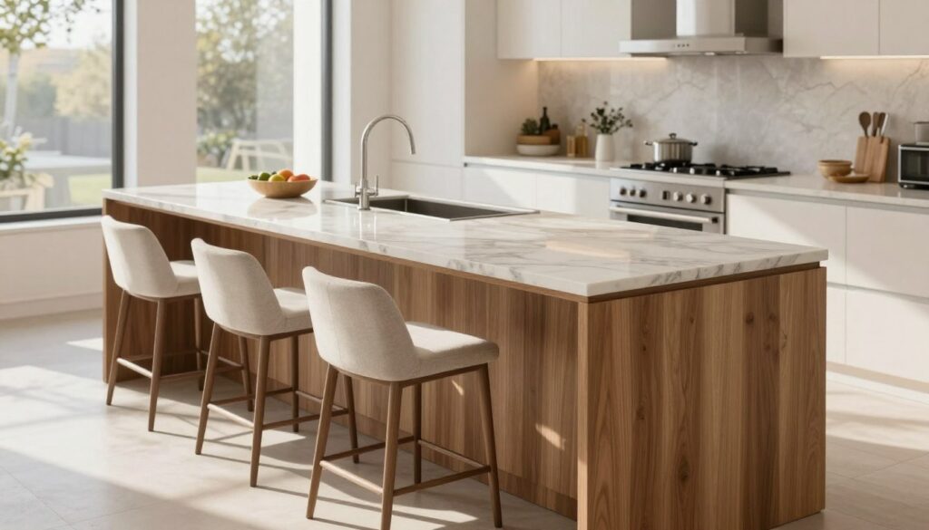 A contemporary kitchen island showcasing various materials and finishes, set in a bright, airy kitchen. The foreground features a luxurious marble countertop with subtle veining, complemented by sleek wooden accents in a warm, natural finish. In the middle, the kitchen island is surrounded by minimalist bar stools with soft, upholstered seats, inviting a casual dining atmosphere. The background reveals a well-lit open kitchen, featuring modern appliances in stainless steel, and cabinets with a matte white finish. The scene is bathed in natural light streaming through large windows, casting soft shadows that enhance the textures of the materials. The mood is sophisticated yet welcoming, perfect for inspiring kitchen design enthusiasts.
