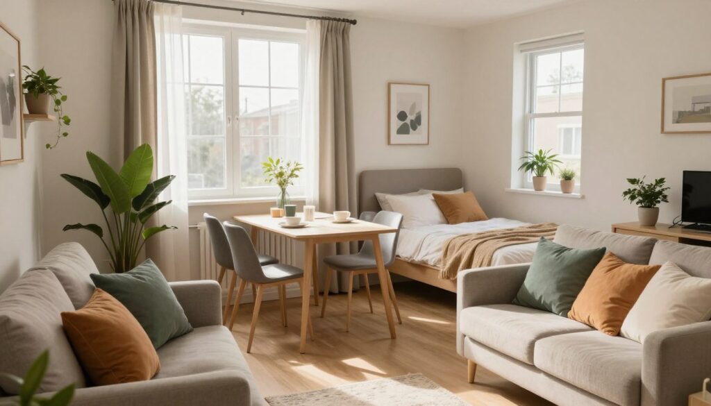 A cozy and functional small living room with an integrated dining area and designated sleeping space. The foreground features a stylish sofa in a modern, neutral fabric, accentuated by colorful throw pillows. In the middle, a compact dining table set for two complements the space, surrounded by minimalist chairs. A stylish bed with a chic headboard is tucked into a corner, designed for versatility. The room is bathed in warm, natural light from large windows, with soft curtains fluttering slightly. A subtle color palette of beige, soft greens, and white details enhances the inviting atmosphere. Decorative plants are placed strategically to bring a touch of nature indoors, adding to the refreshing and harmonious vibe. The scene captures a balance between comfort and functionality, perfect for small apartment living.
