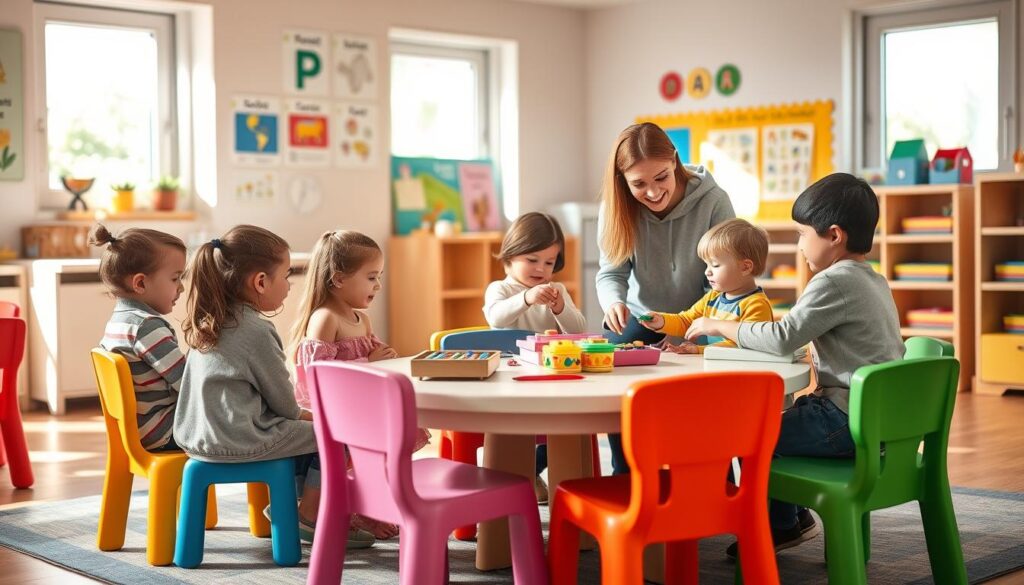 A cozy classroom for preschoolers, emphasizing adaptability and comfort as children begin their school journey. In the foreground, a small round table is surrounded by vibrant, colorful chairs where a group of young children in modest casual clothing, engaged in playful activities, demonstrate cooperation. In the middle ground, a friendly teacher attentively guides a child through a hands-on learning experience, showcasing supportive interaction. The background features cheerful educational posters and a welcoming setup with soft lighting that creates a warm and inviting atmosphere. Shafts of natural light cascade through large windows, adding to the positive environment. The overall mood is cheerful and reassuring, capturing the essence of the first days of preschool and the importance of adaptation. A cozy classroom for preschoolers, emphasizing adaptability and comfort as children begin their school journey. In the foreground, a small round table is surrounded by vibrant, colorful chairs where a group of young children in modest casual clothing, engaged in playful activities, demonstrate cooperation. In the middle ground, a friendly teacher attentively guides a child through a hands-on learning experience, showcasing supportive interaction. The background features cheerful educational posters and a welcoming setup with soft lighting that creates a warm and inviting atmosphere. Shafts of natural light cascade through large windows, adding to the positive environment. The overall mood is cheerful and reassuring, capturing the essence of the first days of preschool and the importance of adaptation.