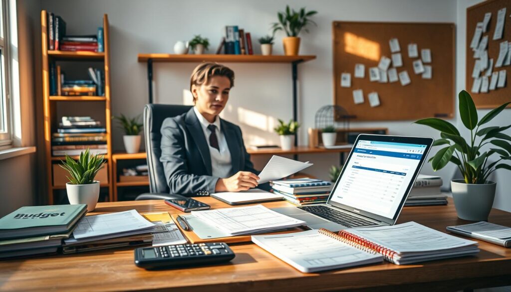 A cozy home office scene illustrating "household budget planning." In the foreground, a wooden desk cluttered with colorful financial planners, a calculator, and a laptop displaying a spreadsheet. A person in professional business attire or modest casual clothing sits at the desk, looking thoughtfully at the documents. The middle ground features shelves stocked with books on finance and budgeting, alongside potted plants that add a touch of warmth. Soft natural light pours in through a window, casting gentle shadows and enhancing the productive atmosphere. In the background, a corkboard displays pinned reminders and goals. The mood is focused and optimistic, promoting a sense of readiness and organization. A cozy home office scene illustrating "household budget planning." In the foreground, a wooden desk cluttered with colorful financial planners, a calculator, and a laptop displaying a spreadsheet. A person in professional business attire or modest casual clothing sits at the desk, looking thoughtfully at the documents. The middle ground features shelves stocked with books on finance and budgeting, alongside potted plants that add a touch of warmth. Soft natural light pours in through a window, casting gentle shadows and enhancing the productive atmosphere. In the background, a corkboard displays pinned reminders and goals. The mood is focused and optimistic, promoting a sense of readiness and organization.