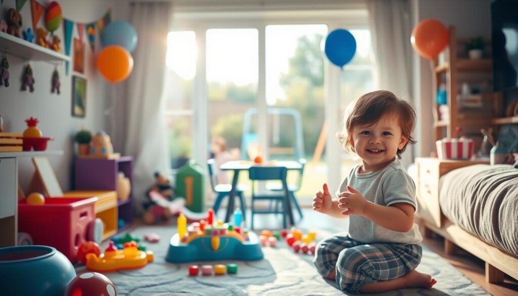 A cozy indoor play area for children in a small apartment, featuring colorful toys, a soft play mat, and a small table with balloons and decorations, suggesting a birthday celebration. In the background, a bright garden visible through a large window, showcasing a small playground with a slide, swings, and a child's picnic table under a sunny sky. Soft, natural lighting illuminates the scene, creating a cheerful and inviting atmosphere. The foreground highlights a joyful child in casual clothing playing with toys, surrounded by vibrant, child-friendly decor. The mood is festive and playful, emphasizing a fun birthday gathering for kids at home and in the garden. A cozy indoor play area for children in a small apartment, featuring colorful toys, a soft play mat, and a small table with balloons and decorations, suggesting a birthday celebration. In the background, a bright garden visible through a large window, showcasing a small playground with a slide, swings, and a child's picnic table under a sunny sky. Soft, natural lighting illuminates the scene, creating a cheerful and inviting atmosphere. The foreground highlights a joyful child in casual clothing playing with toys, surrounded by vibrant, child-friendly decor. The mood is festive and playful, emphasizing a fun birthday gathering for kids at home and in the garden.