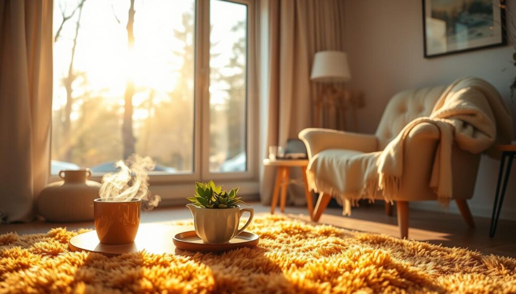 A cozy interior room featuring natural sources of warmth, such as sunlight streaming through a large window, illuminating the space. In the foreground, a warm-colored, plush rug complements a low, wooden coffee table adorned with a steaming cup of herbal tea and a few green houseplants thriving in the sunlight. The middle ground displays a comfortable armchair with a soft throw blanket draped over it, inviting relaxation. In the background, through the window, majestic trees bathed in golden sunlight suggest a tranquil outdoor environment. The lighting is soft and warm, creating a homely atmosphere. The perspective is slightly wide-angle to capture the entire setting, evoking feelings of peace and comfort in a winter home.