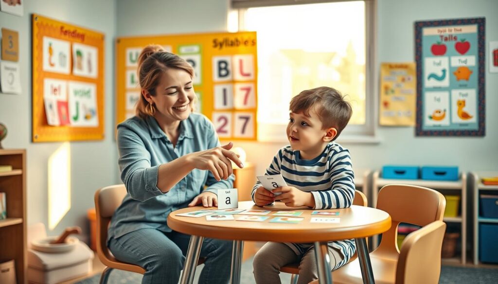A cozy, inviting classroom scene focusing on the "syllabic method" for teaching reading to children. In the foreground, a young child and a friendly teacher sit at a small table covered with colorful flashcards showing syllables and simple illustrations. The teacher, in modest casual attire, is enthusiastically pointing to a card, while the child, dressed comfortably, looks on with curiosity. In the middle ground, a bulletin board displays vibrant, educational materials related to reading, with images of letters and syllable breakdowns. The background features a bright window letting in warm, natural light, illuminating the space with a cheerful, engaging atmosphere. The composition should convey a sense of focus, creativity, and warmth, ideal for fostering a love for reading. A cozy, inviting classroom scene focusing on the "syllabic method" for teaching reading to children. In the foreground, a young child and a friendly teacher sit at a small table covered with colorful flashcards showing syllables and simple illustrations. The teacher, in modest casual attire, is enthusiastically pointing to a card, while the child, dressed comfortably, looks on with curiosity. In the middle ground, a bulletin board displays vibrant, educational materials related to reading, with images of letters and syllable breakdowns. The background features a bright window letting in warm, natural light, illuminating the space with a cheerful, engaging atmosphere. The composition should convey a sense of focus, creativity, and warmth, ideal for fostering a love for reading.