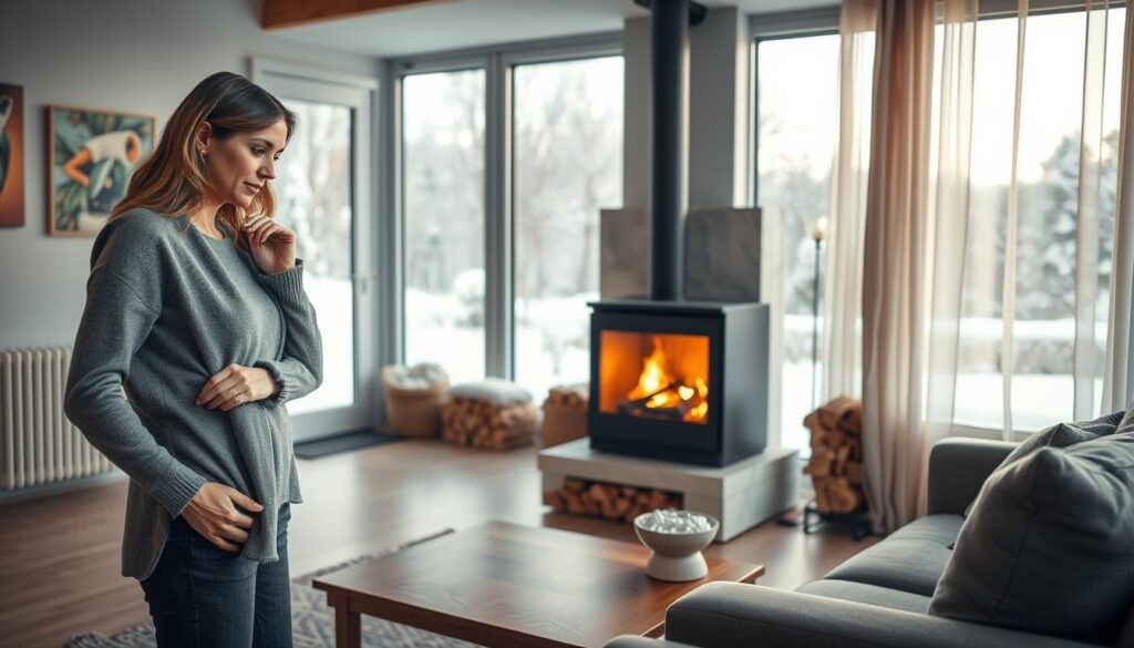 A cozy living room during winter with a focus on energy-efficient heating solutions. In the foreground, a woman dressed in comfortable yet professional attire examines an energy-efficient heater with a thoughtful expression. The middle ground features a stylish, modern fireplace radiating warmth, surrounded by neatly stacked firewood, and energy-efficient radiators along the walls. The background includes a snowy landscape outside a large window, with soft, natural light filtering through sheer curtains, creating a warm and inviting atmosphere. The overall mood is one of comfort and practicality, showcasing innovative ways to lower heating costs while maintaining a cozy home environment. Use a warm color palette and a slightly shallow depth of field to emphasize the warm interior ambiance.