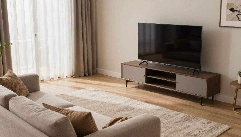 A cozy living room setup featuring a modern flat-screen television placed on a stylish media console, with a comfortable sofa positioned at an optimal distance. The scene should illustrate the recommended space between the TV and the sofa, emphasizing a harmonious interior layout. The foreground highlights the inviting sofa, adorned with soft cushions, while the middle ground showcases the sleek TV and console, providing a clear view of the distance. In the background, warm natural light filters through stylish curtains, creating a serene atmosphere. The room decor is contemporary, with a tasteful rug and artwork on the walls. The angle should be a slightly elevated perspective, capturing the overall room layout without any text or distractions. A cozy living room setup featuring a modern flat-screen television placed on a stylish media console, with a comfortable sofa positioned at an optimal distance. The scene should illustrate the recommended space between the TV and the sofa, emphasizing a harmonious interior layout. The foreground highlights the inviting sofa, adorned with soft cushions, while the middle ground showcases the sleek TV and console, providing a clear view of the distance. In the background, warm natural light filters through stylish curtains, creating a serene atmosphere. The room decor is contemporary, with a tasteful rug and artwork on the walls. The angle should be a slightly elevated perspective, capturing the overall room layout without any text or distractions.
