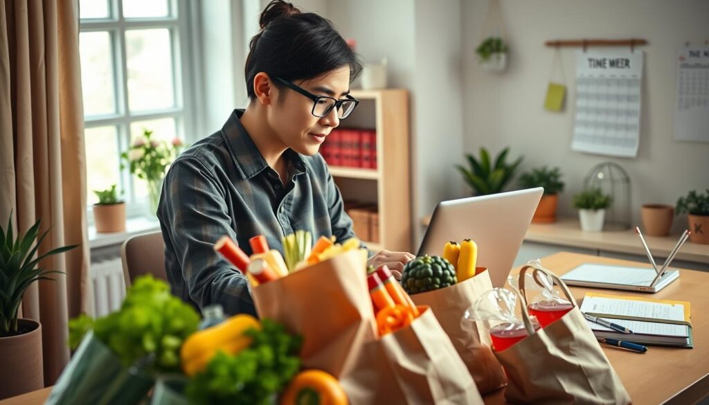 A cozy, modern home office scene featuring a person in comfortable yet professional attire, intently shopping online for groceries using a laptop. In the foreground, the individual is surrounded by an array of colorful grocery items neatly organized in reusable shopping bags. The middle ground includes a well-lit desk adorned with a smart planner and a pen, indicating the planning process for budget-friendly grocery shopping. The background showcases a charming window with soft natural light flooding in, illuminating potted plants and a calendar. The mood should feel productive and inviting, emphasizing time and cost efficiency in online grocery shopping, using a bright and warm color palette. The image should have a clear focus and depth, with a slight depth of field effect to bring attention to the foreground. A cozy, modern home office scene featuring a person in comfortable yet professional attire, intently shopping online for groceries using a laptop. In the foreground, the individual is surrounded by an array of colorful grocery items neatly organized in reusable shopping bags. The middle ground includes a well-lit desk adorned with a smart planner and a pen, indicating the planning process for budget-friendly grocery shopping. The background showcases a charming window with soft natural light flooding in, illuminating potted plants and a calendar. The mood should feel productive and inviting, emphasizing time and cost efficiency in online grocery shopping, using a bright and warm color palette. The image should have a clear focus and depth, with a slight depth of field effect to bring attention to the foreground.