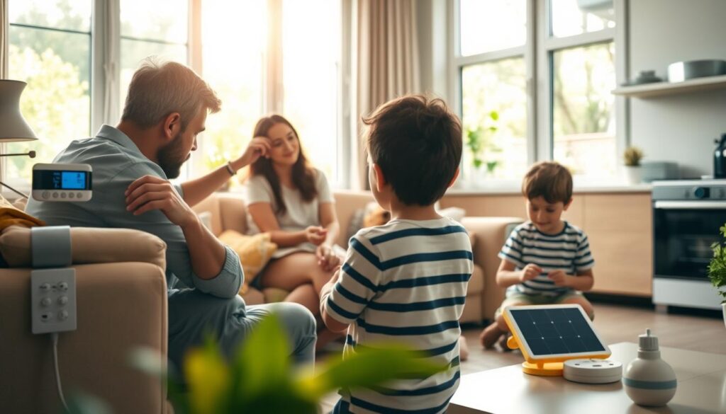 A cozy, modern living room filled with natural light, emphasizing eco-friendly energy-saving habits. In the foreground, a family is engaged in various daily activities: one person adjusts a programmable thermostat, another switches off a lamp, and a child plays with a solar-powered toy. The middle ground shows a smart power strip and energy-efficient appliances. In the background, large windows reveal a sunlit outdoor garden with greenery, symbolizing a connection to nature. The scene is warm and inviting, with soft, diffused lighting to create a serene atmosphere. The image captures the essence of sustainable living, promoting simple habits that diminish energy bills while enhancing home comfort. The lens has a slight depth of field to focus on the family activities. A cozy, modern living room filled with natural light, emphasizing eco-friendly energy-saving habits. In the foreground, a family is engaged in various daily activities: one person adjusts a programmable thermostat, another switches off a lamp, and a child plays with a solar-powered toy. The middle ground shows a smart power strip and energy-efficient appliances. In the background, large windows reveal a sunlit outdoor garden with greenery, symbolizing a connection to nature. The scene is warm and inviting, with soft, diffused lighting to create a serene atmosphere. The image captures the essence of sustainable living, promoting simple habits that diminish energy bills while enhancing home comfort. The lens has a slight depth of field to focus on the family activities.