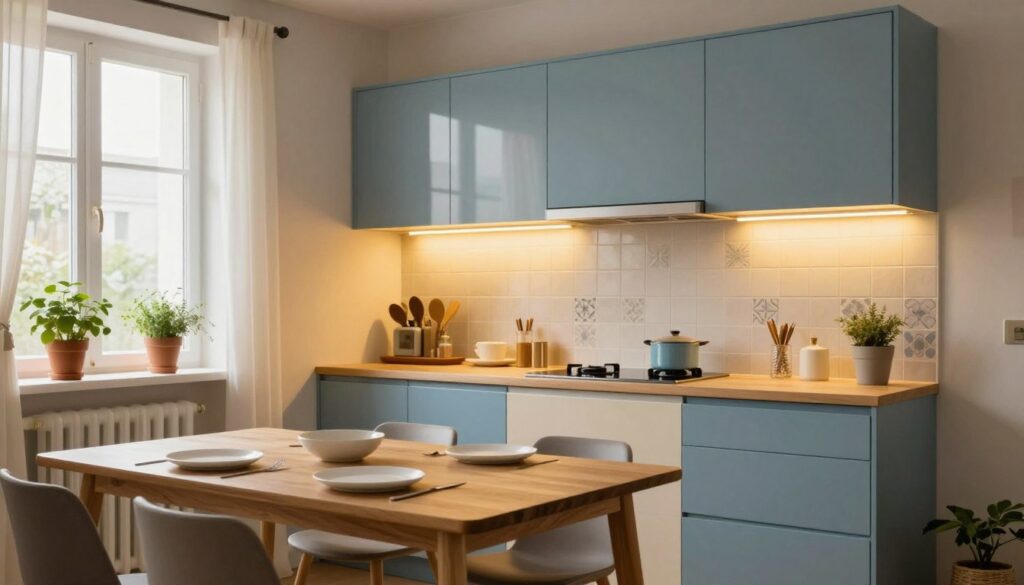 A cozy small kitchen interior featuring a harmonious blend of colors and materials. In the foreground, a modern wooden dining table with simple white plates and cutlery, accompanied by minimalist chairs. The middle ground showcases sleek cabinetry with soft blue and cream tones, reflecting contemporary design, and a stylish backsplash with patterned tiles. Elegant soft yellow lighting illuminates the space, enhancing the warm atmosphere, while strategically placed under-cabinet lights provide additional brightness. The background reveals a window with natural light filtering through sheer curtains, complemented by potted herbs on the windowsill. The setting conveys an inviting and functional atmosphere, perfect for small living spaces. A cozy small kitchen interior featuring a harmonious blend of colors and materials. In the foreground, a modern wooden dining table with simple white plates and cutlery, accompanied by minimalist chairs. The middle ground showcases sleek cabinetry with soft blue and cream tones, reflecting contemporary design, and a stylish backsplash with patterned tiles. Elegant soft yellow lighting illuminates the space, enhancing the warm atmosphere, while strategically placed under-cabinet lights provide additional brightness. The background reveals a window with natural light filtering through sheer curtains, complemented by potted herbs on the windowsill. The setting conveys an inviting and functional atmosphere, perfect for small living spaces.