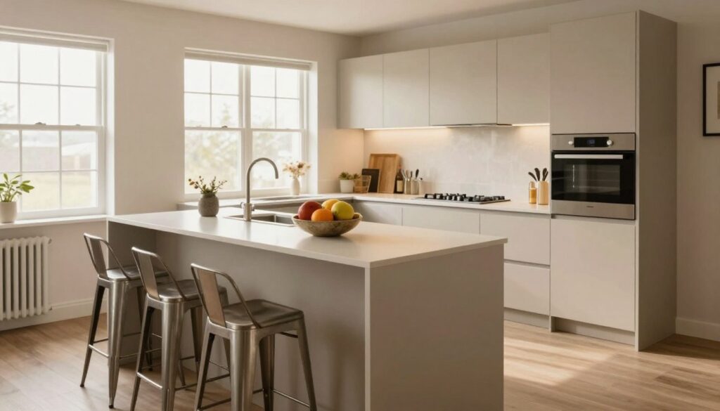 A cozy small kitchen island and peninsula setup designed for efficiency, featuring a sleek, modern countertop with minimalist design elements. In the foreground, a well-organized kitchen island showcases functional storage, elegant bar stools in metallic tones, and an artistic fruit bowl. The middle ground highlights a peninsula that seamlessly connects to cabinetry, with stylish appliances integrated into the design. The background reveals a sunlit kitchen with airy windows and soft, neutral color palettes that evoke warmth. Soft, diffused lighting fills the space, enhancing its inviting atmosphere. Use a wide-angle lens to capture the full layout, emphasizing openness and practicality. The mood should be contemporary and functional yet homey, perfect for modern living.