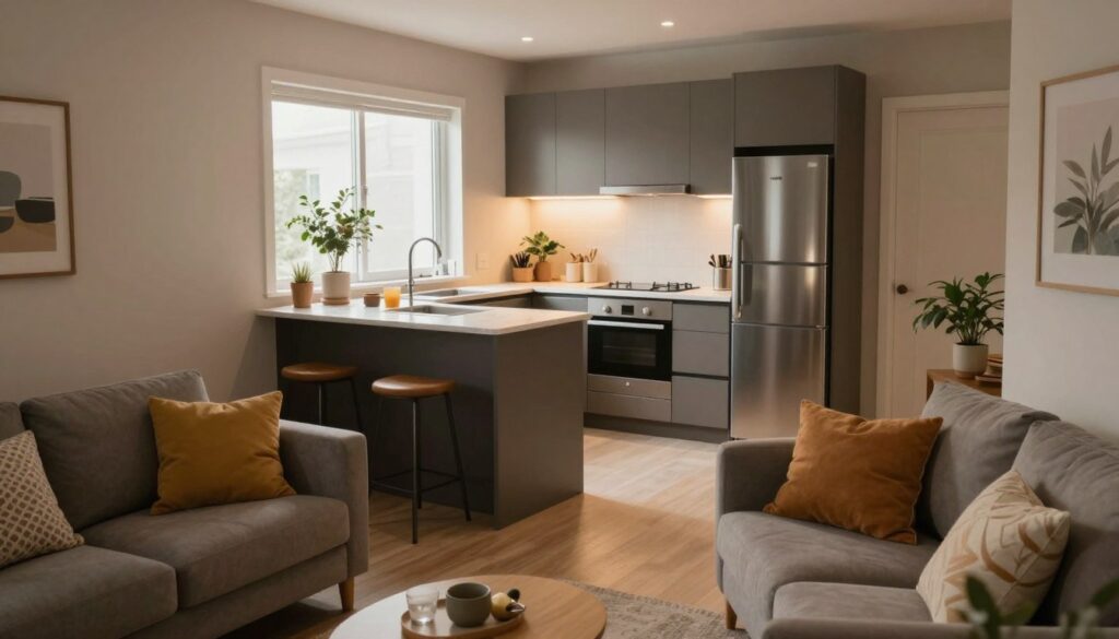 A cozy, small living room combined with a kitchen area, featuring a modern design. In the foreground, a stylish sofa with colorful cushions and a small coffee table. In the middle, a compact kitchen with sleek cabinets, a marble countertop, and a breakfast bar with stools. Light pours in from a large window, creating a warm, inviting atmosphere. In the background, a decorative plant adds a touch of greenery, while soft, ambient lighting enhances the space’s comfort. The scene suggests a harmonious blend of living and cooking areas, emphasizing efficient use of space. Capture this intimate, well-organized setting with a slightly elevated angle for depth and clarity. The colors should be soft and neutral, evoking a serene ambiance, perfect for a small apartment.