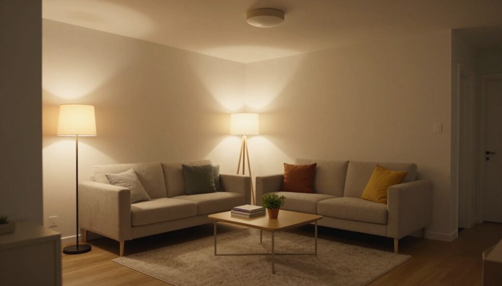A cozy small living room measuring 15 m2, featuring an inviting atmosphere with warm, ambient lighting. In the foreground, a stylish floor lamp with a soft glow illuminates a modern, minimalist sofa adorned with colorful cushions. In the middle, a chic coffee table with a few decorative books and a small potted plant adds character to the space. The background showcases well-placed wall sconces and a delicate ceiling light, casting a harmonious light that enhances the room's dimensions. The walls are painted in soft, neutral tones, complementing a plush area rug that ties the room together. The lens captures this scene from a slight angle to accentuate the depth of the space, creating a serene, welcoming environment perfect for relaxation and socializing.