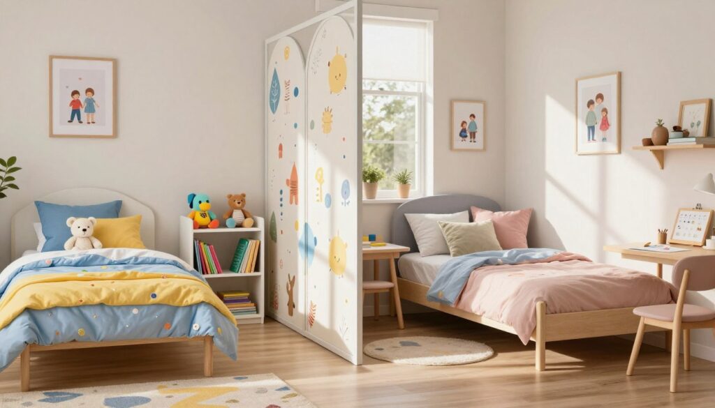 A cozy, well-organized children's bedroom designed for siblings, illustrating a divided space. On one side, a bright, cheerful area with a twin bed decorated in playful blue and yellow bedding, scattered plush toys, and a small bookshelf filled with colorful books. On the opposite side, a more tranquil corner with a pastel-colored bed, soft cushions, and a small art desk for drawing. In the middle, a playful room divider featuring fun patterns that adds both privacy and character. Soft, natural light streams in through a window, casting gentle shadows. The walls are adorned with family-friendly artwork, and a warm, inviting atmosphere is created, conveying harmony and individuality in a shared space.