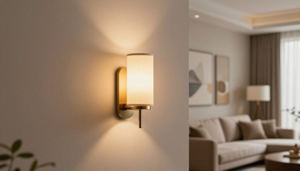 A decorative wall sconce elegantly mounted on a stylish living room wall, showcasing intricate details in a contemporary design. The sconce features warm, ambient lighting that casts a soft glow, creating a cozy atmosphere. In the foreground, the sconce's sleek metal finish contrasts beautifully with the textured wall. In the middle ground, a tastefully decorated living room setting is visible, featuring plush furniture and tasteful artwork, enhancing the overall decor. In the background, a hint of natural light filters through soft curtains, adding to the inviting mood. The perspective is slightly angled to highlight both the sconce and the inviting ambiance of the room, captured with a warm color palette that evokes comfort and sophistication.