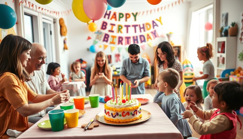 A detailed step-by-step birthday party plan for a child, depicted visually in a whimsical home setting. In the foreground, showcase a festive table adorned with colorful plates and cups, a vibrant cake, and balloons. The middle ground should feature parents and children, dressed in cheerful, modest clothing, engaged in various activities like games and crafts. In the background, include decorations like streamers, a banner saying "Happy Birthday," and a play area with toys. Soft, warm lighting creates a joyful and inviting atmosphere, reminiscent of a sunny afternoon celebration. Use a slight overhead angle to capture the lively interaction and festive ambiance. This image should evoke happiness and fun, emphasizing the delightful elements of a home birthday party. A detailed step-by-step birthday party plan for a child, depicted visually in a whimsical home setting. In the foreground, showcase a festive table adorned with colorful plates and cups, a vibrant cake, and balloons. The middle ground should feature parents and children, dressed in cheerful, modest clothing, engaged in various activities like games and crafts. In the background, include decorations like streamers, a banner saying "Happy Birthday," and a play area with toys. Soft, warm lighting creates a joyful and inviting atmosphere, reminiscent of a sunny afternoon celebration. Use a slight overhead angle to capture the lively interaction and festive ambiance. This image should evoke happiness and fun, emphasizing the delightful elements of a home birthday party.