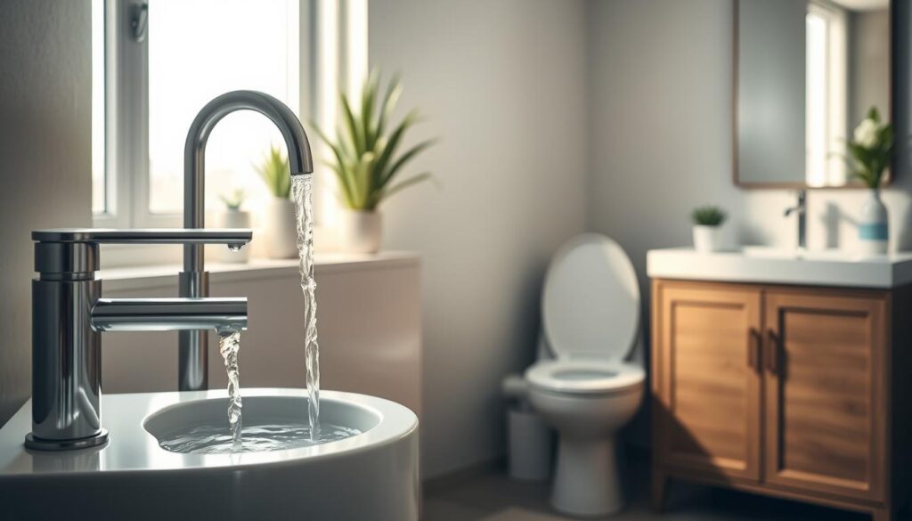 A modern bathroom designed with water-saving features. In the foreground, a sleek, stylish low-flow faucet with a gentle stream of water, and a water-efficient showerhead glistening under soft, natural light. The middle layer showcases a compact, eco-friendly toilet with a slight flush to demonstrate its efficiency. Potted plants are tastefully arranged on the nearby windowsill, enhancing the atmosphere. The background presents an elegant vanity with sustainable materials and a mirror reflecting the calming ambiance. Soft, diffused lighting creates a serene, inviting mood, emphasizing the concept of water conservation in a home setting. The scene is captured from a slightly elevated angle, providing a comprehensive view of the innovative water-saving solutions. A modern bathroom designed with water-saving features. In the foreground, a sleek, stylish low-flow faucet with a gentle stream of water, and a water-efficient showerhead glistening under soft, natural light. The middle layer showcases a compact, eco-friendly toilet with a slight flush to demonstrate its efficiency. Potted plants are tastefully arranged on the nearby windowsill, enhancing the atmosphere. The background presents an elegant vanity with sustainable materials and a mirror reflecting the calming ambiance. Soft, diffused lighting creates a serene, inviting mood, emphasizing the concept of water conservation in a home setting. The scene is captured from a slightly elevated angle, providing a comprehensive view of the innovative water-saving solutions.