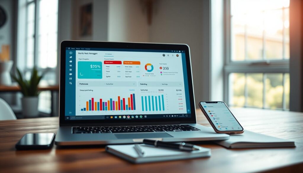A modern digital budget management application interface displayed on a sleek laptop placed on a wooden desk. In the foreground, the laptop screen shows colorful graphs and interactive budget allocation tools, with a smartphone nearby showcasing the app's mobile version. The middle layer includes a well-organized workspace with a notebook and a pen, symbolizing planning. In the background, a soft-focus window reveals a bright, sunny day, adding a hopeful atmosphere. Soft natural lighting illuminates the scene, creating an inviting and productive ambiance. The overall mood is focused and inspiring, encouraging the viewer to take control of their finances. A modern digital budget management application interface displayed on a sleek laptop placed on a wooden desk. In the foreground, the laptop screen shows colorful graphs and interactive budget allocation tools, with a smartphone nearby showcasing the app's mobile version. The middle layer includes a well-organized workspace with a notebook and a pen, symbolizing planning. In the background, a soft-focus window reveals a bright, sunny day, adding a hopeful atmosphere. Soft natural lighting illuminates the scene, creating an inviting and productive ambiance. The overall mood is focused and inspiring, encouraging the viewer to take control of their finances.