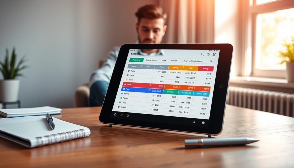 A modern digital budgeting app interface displayed on a sleek tablet, showcasing an organized layout of virtual envelope categories with colorful segments representing various budget areas. In the foreground, the tablet rests on a stylish wooden desk adorned with a notebook and a pen, hinting at financial planning. In the middle ground, a casual professional sits in a comfortable chair, reviewing the app intently, dressed in smart casual attire, promoting a productive atmosphere. The background features soft, diffused natural light streaming through a window, illuminating the scene with a warm glow, accentuating a sense of clarity and focus. The overall mood conveys efficiency, modernity, and financial discipline. A modern digital budgeting app interface displayed on a sleek tablet, showcasing an organized layout of virtual envelope categories with colorful segments representing various budget areas. In the foreground, the tablet rests on a stylish wooden desk adorned with a notebook and a pen, hinting at financial planning. In the middle ground, a casual professional sits in a comfortable chair, reviewing the app intently, dressed in smart casual attire, promoting a productive atmosphere. The background features soft, diffused natural light streaming through a window, illuminating the scene with a warm glow, accentuating a sense of clarity and focus. The overall mood conveys efficiency, modernity, and financial discipline.