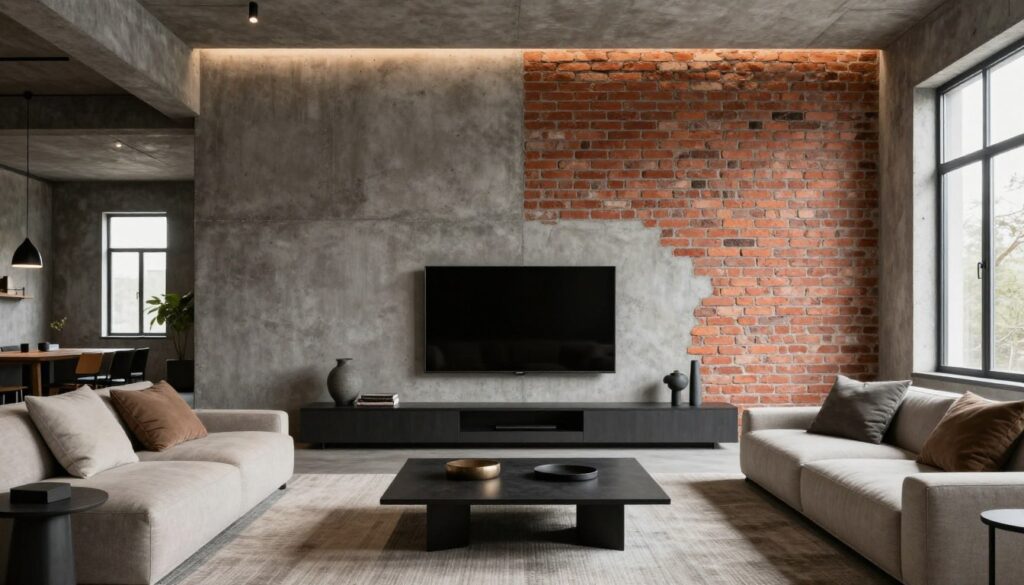 A modern industrial living room featuring a striking combination of architectural concrete and rustic brick textures. In the foreground, a sleek, minimalist coffee table sits atop a textured rug, surrounded by stylish yet simplistic furniture in neutral tones. The middle ground showcases a prominent accent wall made of gray architectural concrete and warm red brick, creating a harmonious contrast. Soft, ambient lighting bathes the room, casting gentle shadows that highlight the materials' textures. A cozy seating area is arranged to face a wall-mounted television, enhancing the inviting atmosphere. The background features large windows allowing natural light to filter in, emphasizing the open and airy feel of the space. The overall mood is contemporary and stylish, perfect for industrial design enthusiasts.