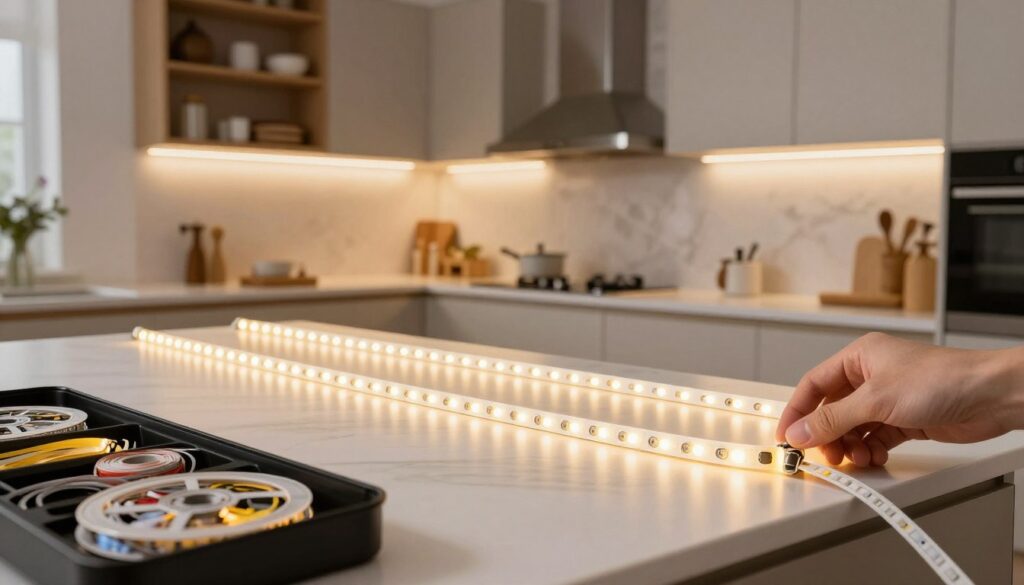 A modern kitchen countertop illuminated by soft LED strip lights, showcasing various lengths and color temperatures of the strips displayed artistically. In the foreground, a close-up of a hand selecting LED tape from a well-organized toolbox, emphasizing decision-making. The middle layer features a beautifully designed kitchen with sleek cabinets and a stylish backsplash, complemented by the warm glow of the LED lights under the cabinets. The background includes blurred shelves with kitchen accessories, creating depth. The lighting is bright yet cozy, evoking a welcoming atmosphere. The angle captures a slight overhead view, giving a clear perspective of the lighting impact on the countertop.