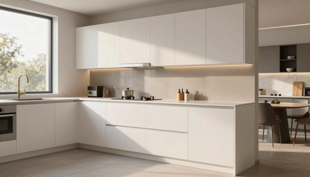 A modern kitchen design showcasing a white matte finish and a glossy lacquered finish side by side. In the foreground, the kitchen's matte cabinetry features smooth lines and a soft texture, illuminated by warm, natural light filtering through a large window. The lacquered cabinets are displayed in the middle, reflecting light with a sleek, shiny surface that adds a contemporary touch. In the background, a stylish dining area is visible, enhancing the kitchen’s aesthetic. The atmosphere is inviting and bright, depicting a harmonious blend of modern design elements. Capture the contrasting textures of the finishes, highlighting their unique qualities without any additional text or branding.