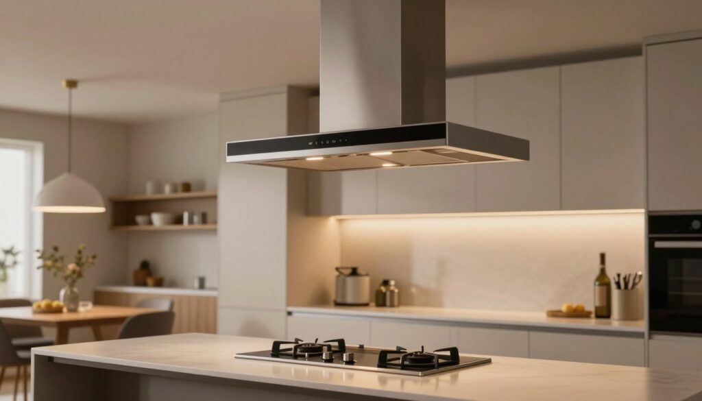 A modern kitchen interior featuring a stylish range hood perfectly integrated into a well-designed layout. The foreground showcases a sleek countertop with a minimalist cooking area, emphasizing the hood's design. In the middle, the range hood is hanging elegantly above a gas stove, showcasing its functionality and aesthetics. The background reveals kitchen cabinets and a cozy dining area, enhancing the overall ambiance. Soft, warm lighting illuminates the scene, creating a welcoming atmosphere. The angle captures a slightly elevated view, allowing for a comprehensive look at how the hood complements the kitchen's design. The mood is contemporary and inviting, reflecting the harmonization of kitchen appliances and architectural elements.