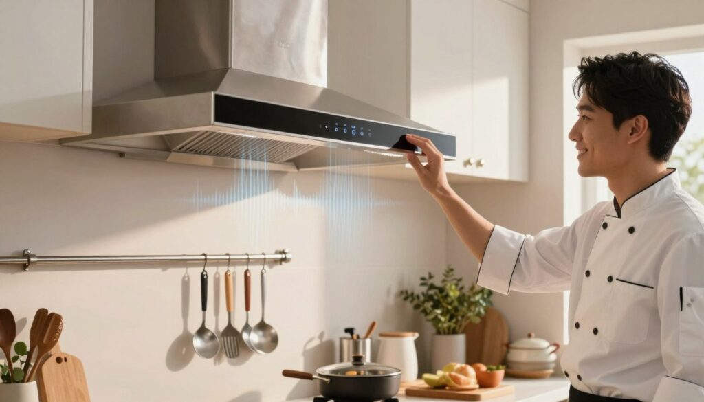 A modern kitchen scene featuring a sleek, stylish kitchen hood in action, showcasing the noise level experience. In the foreground, a smiling chef in professional attire, gently adjusting the hood's settings, with sound waves visually emanating from it represented by subtle lines of varying intensity. The middle ground displays stainless steel appliances and organized kitchen tools, emphasizing a clean and practical environment. In the background, warm natural lighting filters through a window, casting a soft glow on decorative plants and kitchenware, creating an inviting atmosphere. The overall mood is one of functionality and comfort, illustrating the balance between efficiency and livability in daily cooking.
