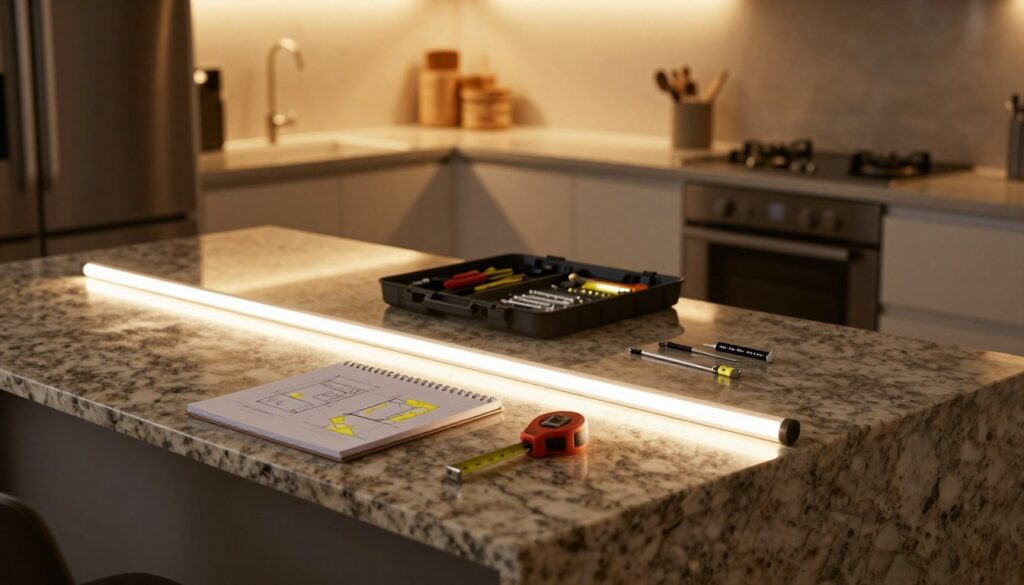 A modern kitchen scene showcasing the planning of countertop lighting with LED strips. In the foreground, a sleek kitchen island made of polished granite, with a flexible LED strip laid out along the edge, demonstrating placement options. On the countertop, there’s a notepad with sketches of lighting plans and a measuring tape. In the middle ground, a neatly organized toolkit with small tools and LED components. The background features a warm, well-lit kitchen space, with cabinets and integrated appliances, creating a cozy and inviting atmosphere. The lighting is soft, highlighting the countertop while casting gentle shadows. The angle is slightly elevated, capturing the essentials of planning the perfect LED lighting setup.