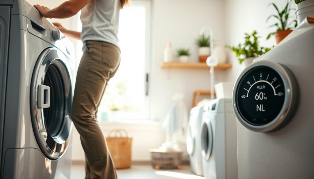 A modern laundry room showcasing water-saving techniques during washing. In the foreground, a person in modest casual clothing is loading a high-efficiency washing machine, visibly showcasing a clear focus on eco-friendly laundry practices. Bright natural light streams in from a nearby window, creating a warm and inviting atmosphere. The middle ground features a display of reusable laundry bags and a water meter with a low reading to emphasize water conservation. The background includes shelves with eco-friendly detergents and potted plants, symbolizing a commitment to sustainability. The overall mood reflects responsibility and care for the environment, emphasizing practical steps toward saving water in everyday life. A modern laundry room showcasing water-saving techniques during washing. In the foreground, a person in modest casual clothing is loading a high-efficiency washing machine, visibly showcasing a clear focus on eco-friendly laundry practices. Bright natural light streams in from a nearby window, creating a warm and inviting atmosphere. The middle ground features a display of reusable laundry bags and a water meter with a low reading to emphasize water conservation. The background includes shelves with eco-friendly detergents and potted plants, symbolizing a commitment to sustainability. The overall mood reflects responsibility and care for the environment, emphasizing practical steps toward saving water in everyday life.