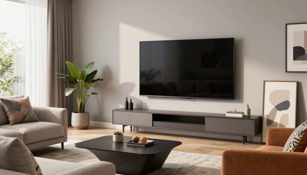 A modern living room elegantly designed, showcasing a sleek mounted television at the optimal height for comfortable viewing. In the foreground, a stylish couch adorned with decorative cushions and a geometric coffee table, creating a warm and inviting atmosphere. In the middle, the television is mounted on a light gray wall, with a subtle electronic console below it, showcasing a functional and aesthetic arrangement. Soft, natural light filters through large windows, illuminating the space while casting gentle shadows. In the background, potted plants and tasteful artwork add a touch of elegance. The scene captures the essence of a cozy yet modern living room, ideal for entertainment and relaxation, with a focus on the ideal television height for viewers seated on the couch. A modern living room elegantly designed, showcasing a sleek mounted television at the optimal height for comfortable viewing. In the foreground, a stylish couch adorned with decorative cushions and a geometric coffee table, creating a warm and inviting atmosphere. In the middle, the television is mounted on a light gray wall, with a subtle electronic console below it, showcasing a functional and aesthetic arrangement. Soft, natural light filters through large windows, illuminating the space while casting gentle shadows. In the background, potted plants and tasteful artwork add a touch of elegance. The scene captures the essence of a cozy yet modern living room, ideal for entertainment and relaxation, with a focus on the ideal television height for viewers seated on the couch.