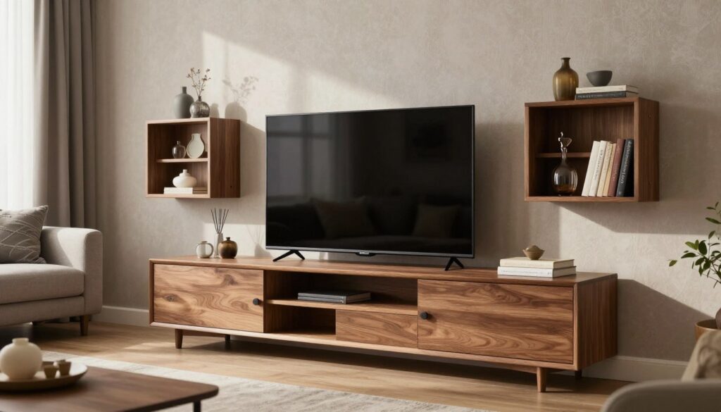 A modern living room featuring a stylish furniture setup around a large flat-screen television. In the foreground, a sleek, minimalist TV cabinet with integrated storage solutions in a warm wood finish. Flanking the TV, open shelves display decorative items and books, creating visual interest. In the middle, the television is mounted on an accent wall with textured wallpaper in soothing neutral tones. Soft, ambient lighting enhances the cozy atmosphere, while natural light filters in through a nearby window, casting gentle shadows. The background features a comfortable sofa with decorative cushions and a small coffee table. Capture a sense of contemporary elegance and comfort in this inviting space. The scene should convey a harmonious balance between functionality and style, focusing on the furniture and decor without any text or distractions.