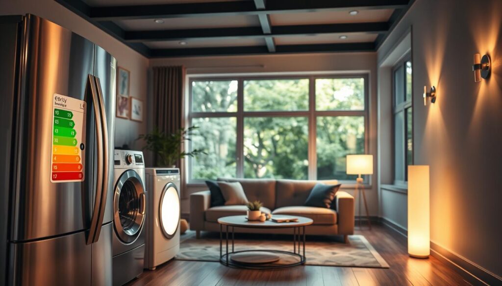 A modern living room featuring energy-efficient appliances and LED lighting. In the foreground, showcase a sleek refrigerator and washing machine with energy ratings prominently displayed, accompanied by stylish LED light fixtures illuminating the space. In the middle, a cozy sofa area with soft lighting from LED floor lamps and wall sconces creates a warm atmosphere. The background includes large windows with natural light streaming in, highlighting greenery outside. The lighting in the room is bright yet soft, suggesting a sustainable eco-friendly vibe. The overall mood is inviting and contemporary, emphasizing modern design and sustainability. Use a slightly aerial angle to capture the entire scene while ensuring clarity in details. A modern living room featuring energy-efficient appliances and LED lighting. In the foreground, showcase a sleek refrigerator and washing machine with energy ratings prominently displayed, accompanied by stylish LED light fixtures illuminating the space. In the middle, a cozy sofa area with soft lighting from LED floor lamps and wall sconces creates a warm atmosphere. The background includes large windows with natural light streaming in, highlighting greenery outside. The lighting in the room is bright yet soft, suggesting a sustainable eco-friendly vibe. The overall mood is inviting and contemporary, emphasizing modern design and sustainability. Use a slightly aerial angle to capture the entire scene while ensuring clarity in details.
