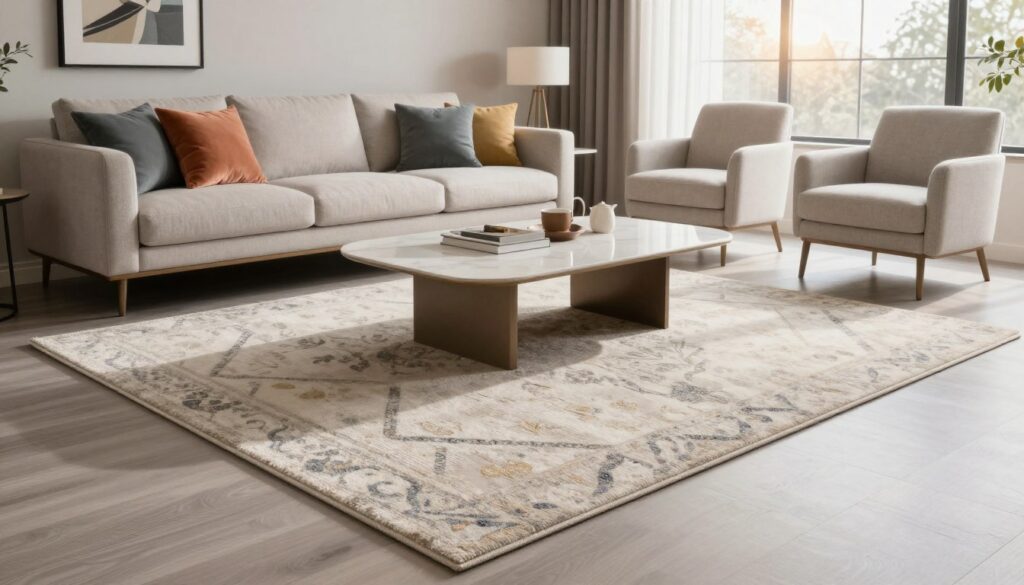 A modern living room layout featuring a stylish area rug positioned beneath a sleek sofa, complemented by elegant armchairs and a contemporary coffee table. The foreground includes the soft textures of the rug, showcasing intricate patterns. In the middle, the sofa is adorned with colorful cushions, and art pieces are displayed on the walls, adding a sense of personality. The background features large windows letting in warm, natural light, casting gentle shadows on the floor. The atmosphere is inviting and cozy, with a harmonious color palette of neutrals and soft pastels. Capture the scene from a slightly elevated angle to show the rug’s placement relative to the furniture, creating a balanced composition. Emphasize clarity and detail in textures for a realistic touch. A modern living room layout featuring a stylish area rug positioned beneath a sleek sofa, complemented by elegant armchairs and a contemporary coffee table. The foreground includes the soft textures of the rug, showcasing intricate patterns. In the middle, the sofa is adorned with colorful cushions, and art pieces are displayed on the walls, adding a sense of personality. The background features large windows letting in warm, natural light, casting gentle shadows on the floor. The atmosphere is inviting and cozy, with a harmonious color palette of neutrals and soft pastels. Capture the scene from a slightly elevated angle to show the rug’s placement relative to the furniture, creating a balanced composition. Emphasize clarity and detail in textures for a realistic touch.