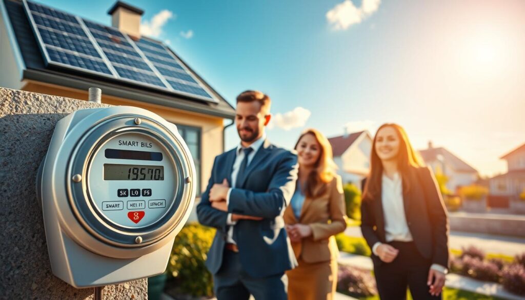 A modern residential home featuring solar panels on the roof, showcasing their impact on energy bills. In the foreground, a smart meter displays lower electricity usage, while a family of four, dressed in professional business attire, examines the meter with expressions of satisfaction. The middle ground includes a well-maintained garden and clear sky with sunlight reflecting off the solar panels, emphasizing renewable energy. In the background, a vibrant neighborhood illustrates other homes utilizing solar technology. The lighting is warm and inviting, with sunlight streaming in from the right, casting soft shadows. The atmosphere conveys a sense of innovation and financial relief through sustainable energy solutions.