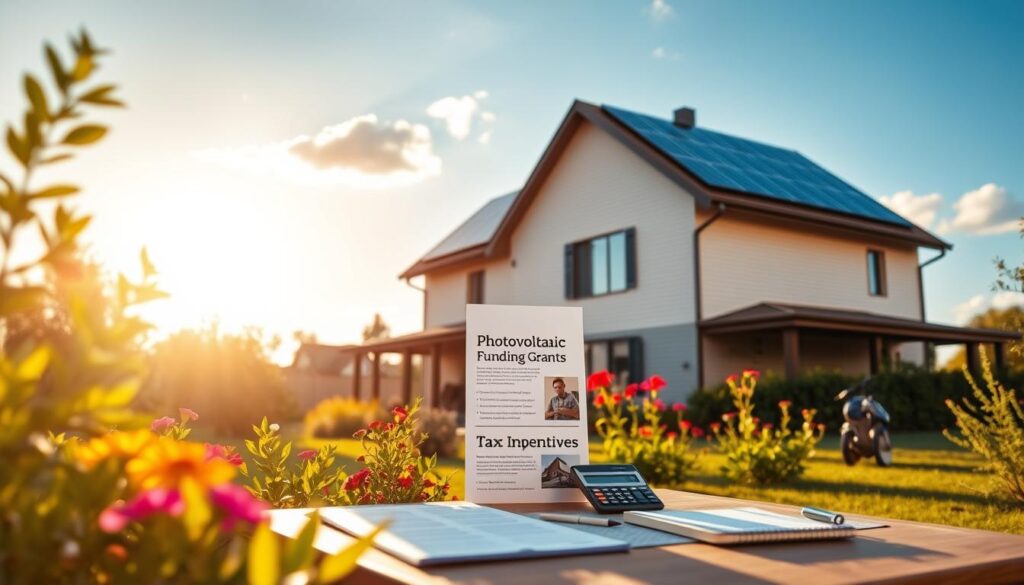 A modern suburban home with solar panels installed on the roof, basking in golden sunlight. In the foreground, a well-manicured garden with vibrant flowers and greenery, highlighting eco-friendliness. The middle of the image features a neatly organized table displaying pamphlets about photovoltaic funding grants and tax incentives, with a calculator and a notepad, suggesting careful planning. In the background, a clear blue sky with a few fluffy clouds enhances the serene atmosphere. Soft, natural lighting illuminates the scene, conveying an optimistic mood about sustainable energy. The angle is slightly elevated, capturing both the house and the informative setup in a harmonious composition.