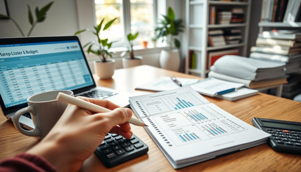 A neatly organized home office desk adorned with financial planning materials, showcasing a laptop displaying a budget spreadsheet. In the foreground, a hand holding a pen writes on a notepad filled with charts and calculations of fixed expenses. The middle-ground reveals a coffee mug and a calculator, symbolizing a focused work environment. The background features a bright window with natural light filtering in, illuminating an indoor plant and bookshelves stacked with finance guides. The mood is productive and encouraging, emphasizing clarity and organization, while the overall color palette consists of soft blues and greens for a calming feel. A neatly organized home office desk adorned with financial planning materials, showcasing a laptop displaying a budget spreadsheet. In the foreground, a hand holding a pen writes on a notepad filled with charts and calculations of fixed expenses. The middle-ground reveals a coffee mug and a calculator, symbolizing a focused work environment. The background features a bright window with natural light filtering in, illuminating an indoor plant and bookshelves stacked with finance guides. The mood is productive and encouraging, emphasizing clarity and organization, while the overall color palette consists of soft blues and greens for a calming feel.
