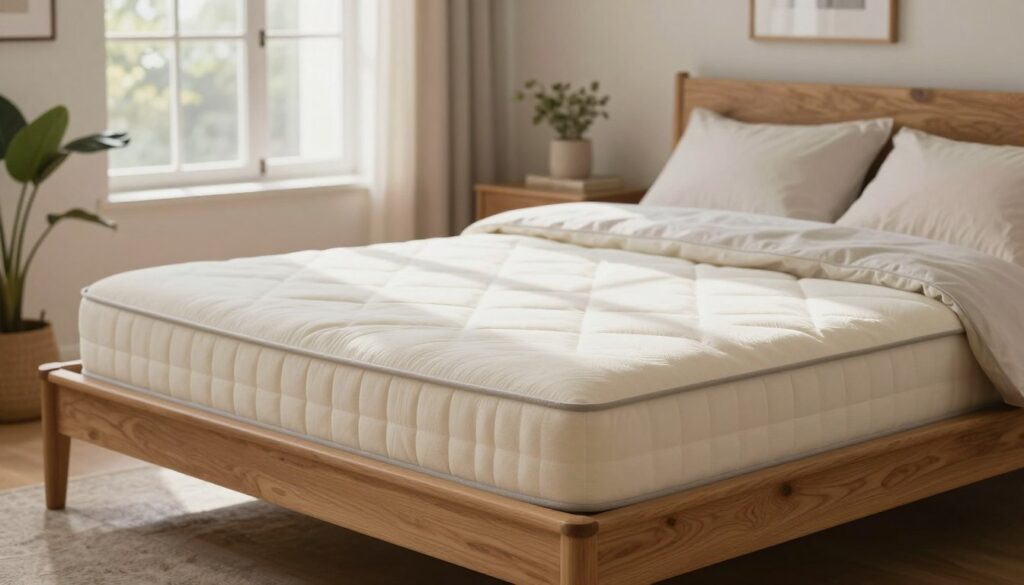 A serene bedroom setting featuring a luxurious latex mattress prominently displayed on a beautifully crafted wooden bed frame. In the foreground, soft bedding in neutral colors accentuates the mattress, highlighting its smooth and resilient surface. In the middle ground, a partially open window allows soft, natural light to fill the room, casting delicate shadows that emphasize the mattress's contours and properties. The background reveals subtle decor elements, such as potted plants and minimalist art, creating a tranquil atmosphere. The mood is calm and inviting, perfect for showcasing the benefits of a latex mattress. The angle captures the mattress at eye level, ensuring viewers can appreciate its features while maintaining a soothing, balanced composition. A serene bedroom setting featuring a luxurious latex mattress prominently displayed on a beautifully crafted wooden bed frame. In the foreground, soft bedding in neutral colors accentuates the mattress, highlighting its smooth and resilient surface. In the middle ground, a partially open window allows soft, natural light to fill the room, casting delicate shadows that emphasize the mattress's contours and properties. The background reveals subtle decor elements, such as potted plants and minimalist art, creating a tranquil atmosphere. The mood is calm and inviting, perfect for showcasing the benefits of a latex mattress. The angle captures the mattress at eye level, ensuring viewers can appreciate its features while maintaining a soothing, balanced composition.