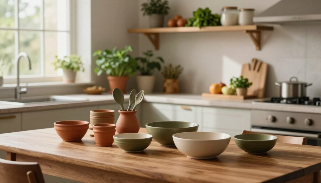 A serene kitchen scene featuring earthy tones inspired by nature. In the foreground, a smooth wooden table holds a variety of beautifully arranged kitchenware in warm, muted colors—terracotta pots, olive green utensils, and creamy beige bowls. The middle ground showcases a well-designed kitchen with natural stone countertops, green potted herbs, and hanging wooden shelves filled with organic ingredients. The background features soft light filtering through a large window, illuminating the space and casting gentle shadows that enhance the warm atmosphere. The overall mood is cozy and inviting, reflecting a harmonious connection with natural elements, making it an ideal space for culinary creativity. Natural textures and colors dominate, evoking a timeless, elegant aesthetic.
