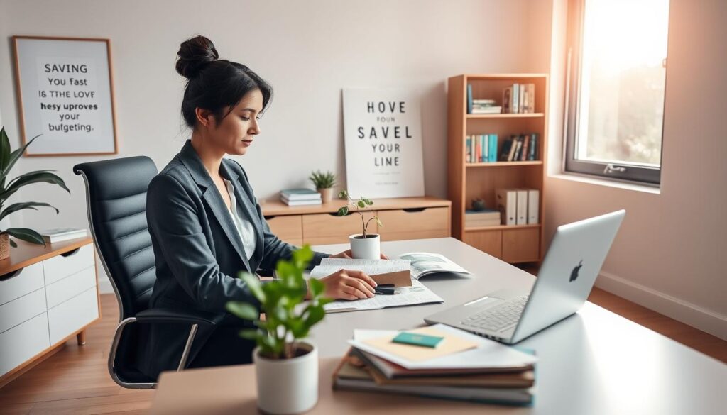 A serene office space symbolizes building a financial cushion from scratch. In the foreground, a professional woman, dressed in modest business attire, sits at a sleek desk covered with financial documents and a laptop, deeply focused on budgeting. Beside her, a small plant signifies growth and prosperity. In the middle ground, a cozy bookshelf displays financial books and inspirational quotes about saving. The background features a large window with soft morning light streaming in, casting a warm and inviting glow over the scene. The overall atmosphere conveys hope and determination, inspiring viewers to take control of their finances and build their future.