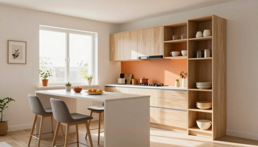 A small, functional kitchen layout that maximizes space efficiency. In the foreground, there’s a sleek, compact kitchen island with bar stools, providing a cozy dining area. The middle features modern cabinetry in light wood tones, with soft-close drawers and shelves that create an inviting atmosphere. A stylish backsplash in warm colors enhances visual appeal. In the background, natural light floods the space through a window, illuminating the room and making it feel larger. A minimalist, practical design with a combination of open shelving and hidden storage creates an airy feel. The overall mood is bright and welcoming, with cheerful kitchen accessories adding pops of color. The scene is captured with a wide-angle lens to emphasize depth and space.