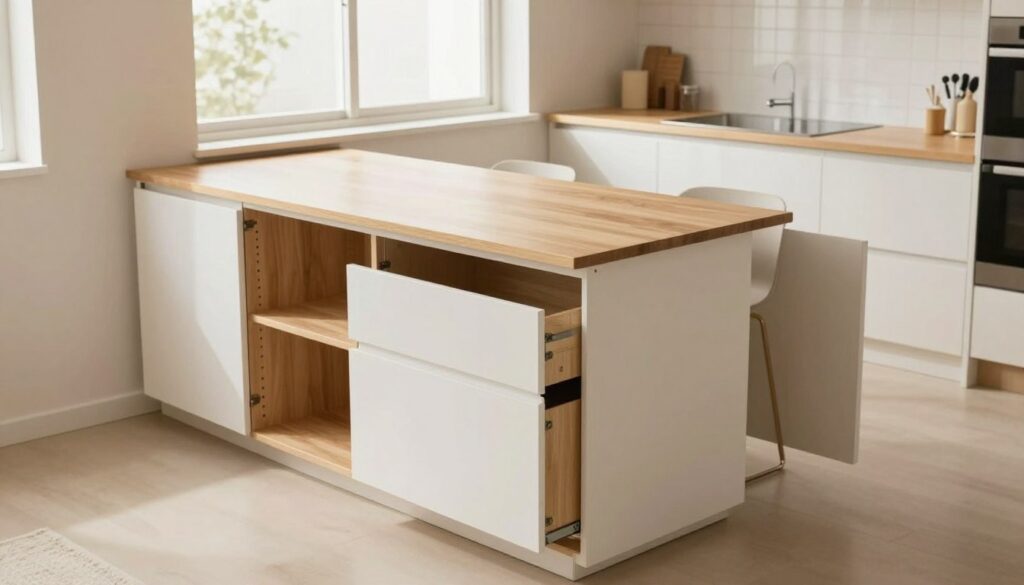 A small kitchen designed for maximizing storage and visual space. In the foreground, sleek, modular storage solutions with built-in shelves, drawers, and pull-out compartments showcase white cabinetry and light wood finishes. The middle ground features a compact dining area with a clever folding table, complemented by stylish bar stools tucked underneath. In the background, large windows allow natural light to flood the space, reflecting off light-colored walls and enhancing the room's openness. The mood is modern and inviting, with soft, warm lighting suggesting a cozy atmosphere. Capture the scene from a slightly elevated angle to emphasize the innovative design and functionality of every inch, without any people or text.
