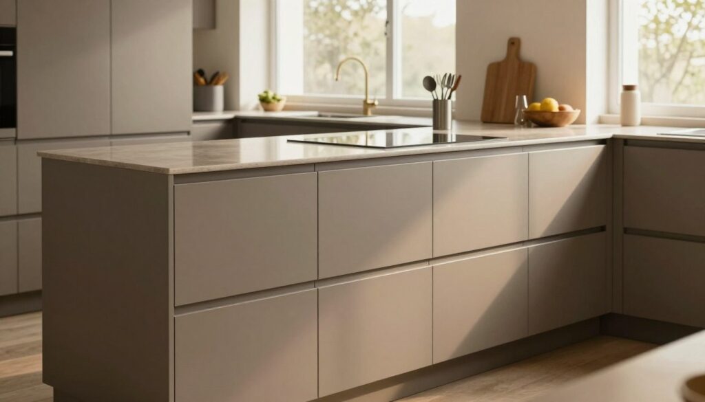 A small, modern kitchen featuring both matte and glossy cabinetry. The foreground reveals sleek matte finish cabinets with a subtle texture, contrasted by glossy cabinets reflecting soft light. In the middle, a tastefully arranged countertop showcases elegant kitchen tools and utensils, with a cozy dining nook visible. The background presents large windows allowing natural light to flood the space, highlighting the differences in shine between the cabinet surfaces. The lighting is warm and inviting, creating a harmonious atmosphere, suggesting the kitchen's size enhances the choice between finishes. The image is taken from a slightly elevated angle, emphasizing the kitchen's spatial dynamics while focusing on the interplay of light and texture.