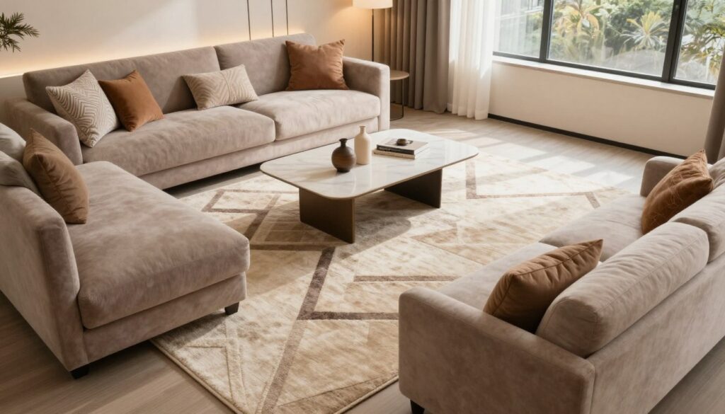 A stylish living room featuring a sofa alongside a beautifully shaped rug. In the foreground, the plush sofa is upholstered in a soft fabric, with decorative cushions arranged artfully. The rug beneath exhibits a geometric pattern, showcasing its unique shape that complements the sofa. In the middle ground, a coffee table sits atop the rug, adorned with decorative items like a small vase and books. In the background, soft-lit walls enhance the cozy atmosphere, while a large window lets in natural light, casting gentle shadows. Use warm tones to create an inviting feel. The perspective is slightly elevated, providing a clear view of how the rug interacts with the sofa and surrounding decor. A stylish living room featuring a sofa alongside a beautifully shaped rug. In the foreground, the plush sofa is upholstered in a soft fabric, with decorative cushions arranged artfully. The rug beneath exhibits a geometric pattern, showcasing its unique shape that complements the sofa. In the middle ground, a coffee table sits atop the rug, adorned with decorative items like a small vase and books. In the background, soft-lit walls enhance the cozy atmosphere, while a large window lets in natural light, casting gentle shadows. Use warm tones to create an inviting feel. The perspective is slightly elevated, providing a clear view of how the rug interacts with the sofa and surrounding decor.